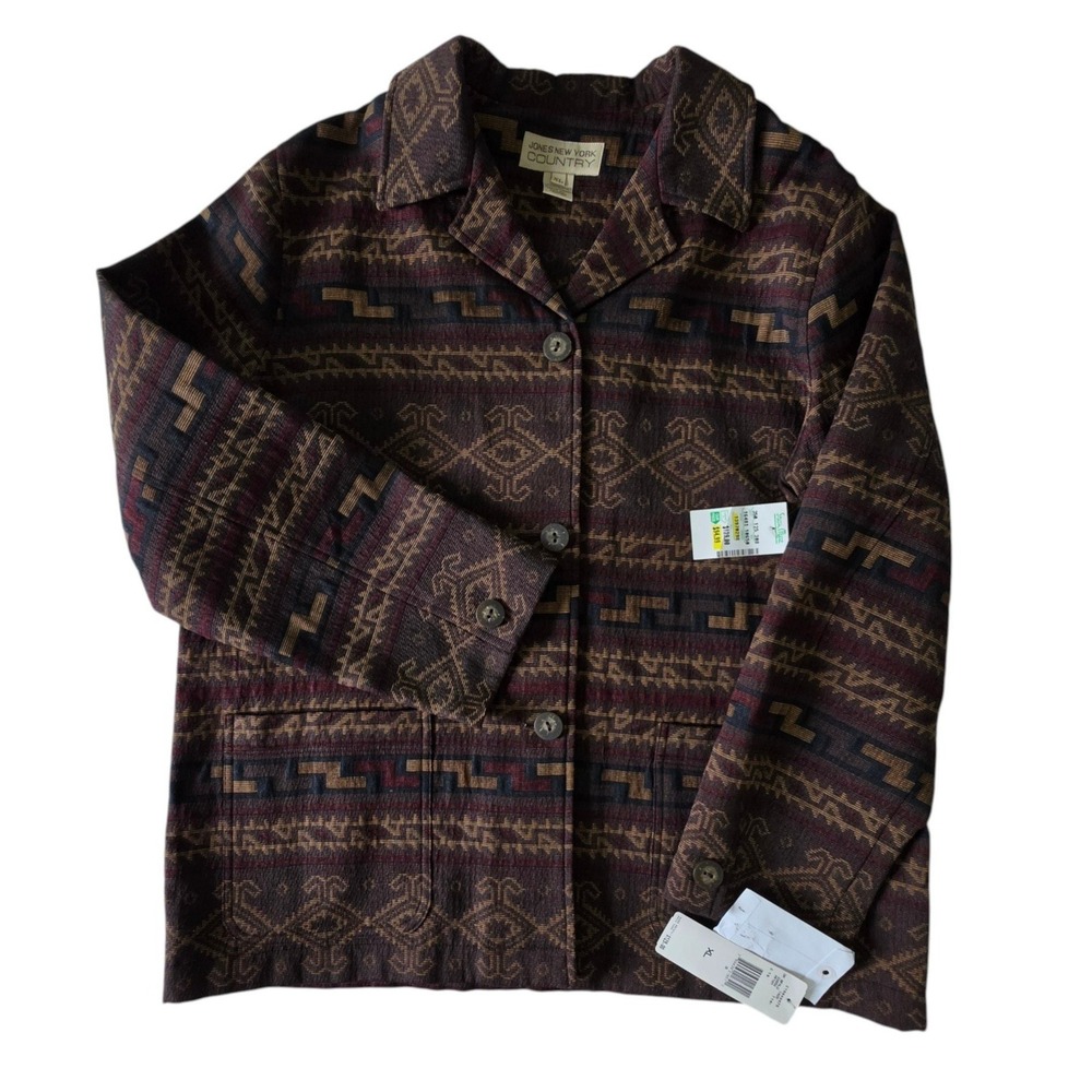 Jones New York Country Womens Tapestry Jacket Burgundy Southwestern Geometric XL